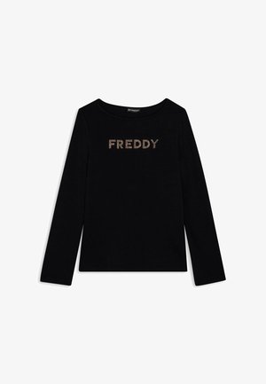 Maglietta nera a maniche lunghe con scollo rotondo che presenta la parola "FREDDY" in strass argentati sul petto. Materiale in cotone morbido.