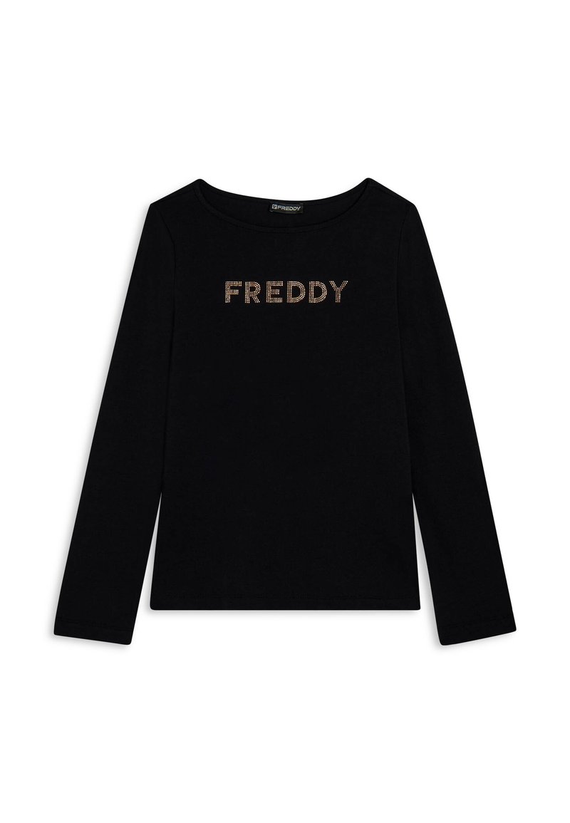 Maglietta nera a maniche lunghe con scollo rotondo che presenta la parola "FREDDY" in strass argentati sul petto. Materiale in cotone morbido.