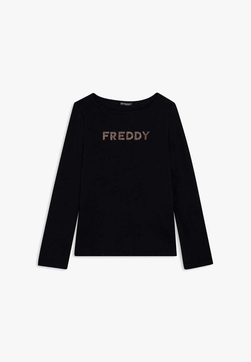 Maglietta nera a maniche lunghe con scollo rotondo che presenta la parola "FREDDY" in strass argentati sul petto. Materiale in cotone morbido.