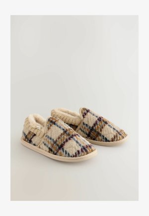 Fleece-lined slippers with a plaid pattern in cream, brown, and blue hues; features a knit cuff and light rubber sole for indoor use.