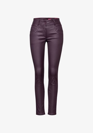 Schmale Jeans in einem tiefen Lila, aus glänzendem Material. Mit einer hohen Taille, fünf Taschen und sichtbaren Nähten auf der Vorderseite.