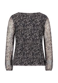 Langærmet top med et sort og beige abstrakt mønster; gennemsigtige ærmer; rund halsudskæring; let, flydende stof.