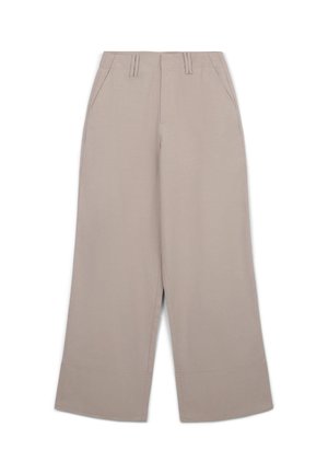 Pantaloni beige a gamba larga con passanti per cintura, tasche anteriori e orlo largo con risvolto, presentati su uno sfondo bianco.