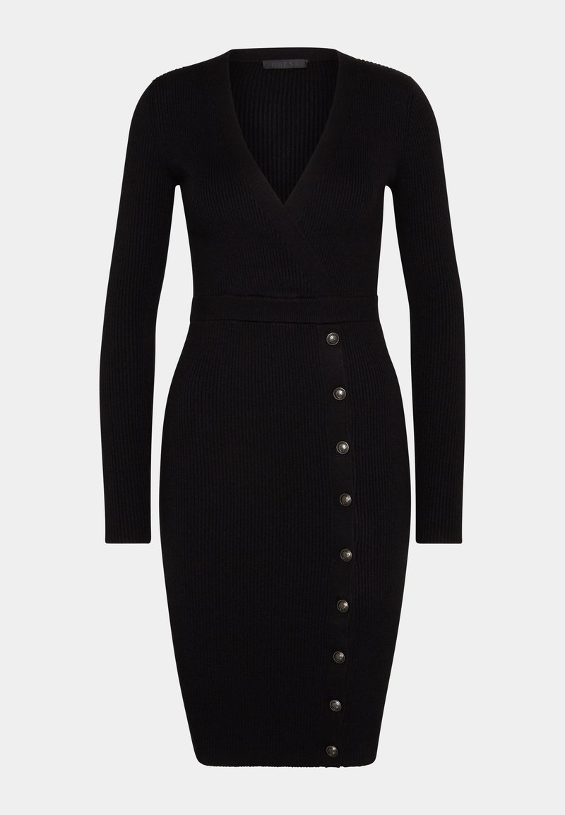 Robe noire en maille côtelée à manches longues avec un décolleté en V profond et des boutons argentés décoratifs courant sur le côté gauche, de la taille à l'ourlet.