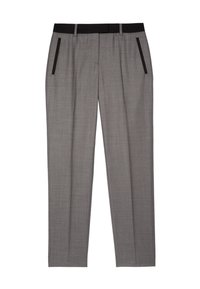 Grijze op maat gemaakte broek met een gestructureerde stof, geplooid ontwerp, twee zijzakken met zwarte piping en een zwarte tailleband.