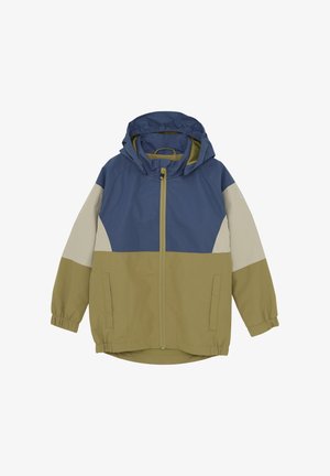 Fargeblokkerte jakker i blått, beige og olivengrønt med hette, glidelås og elastiske mansjetter. Mykt, lett materiale.