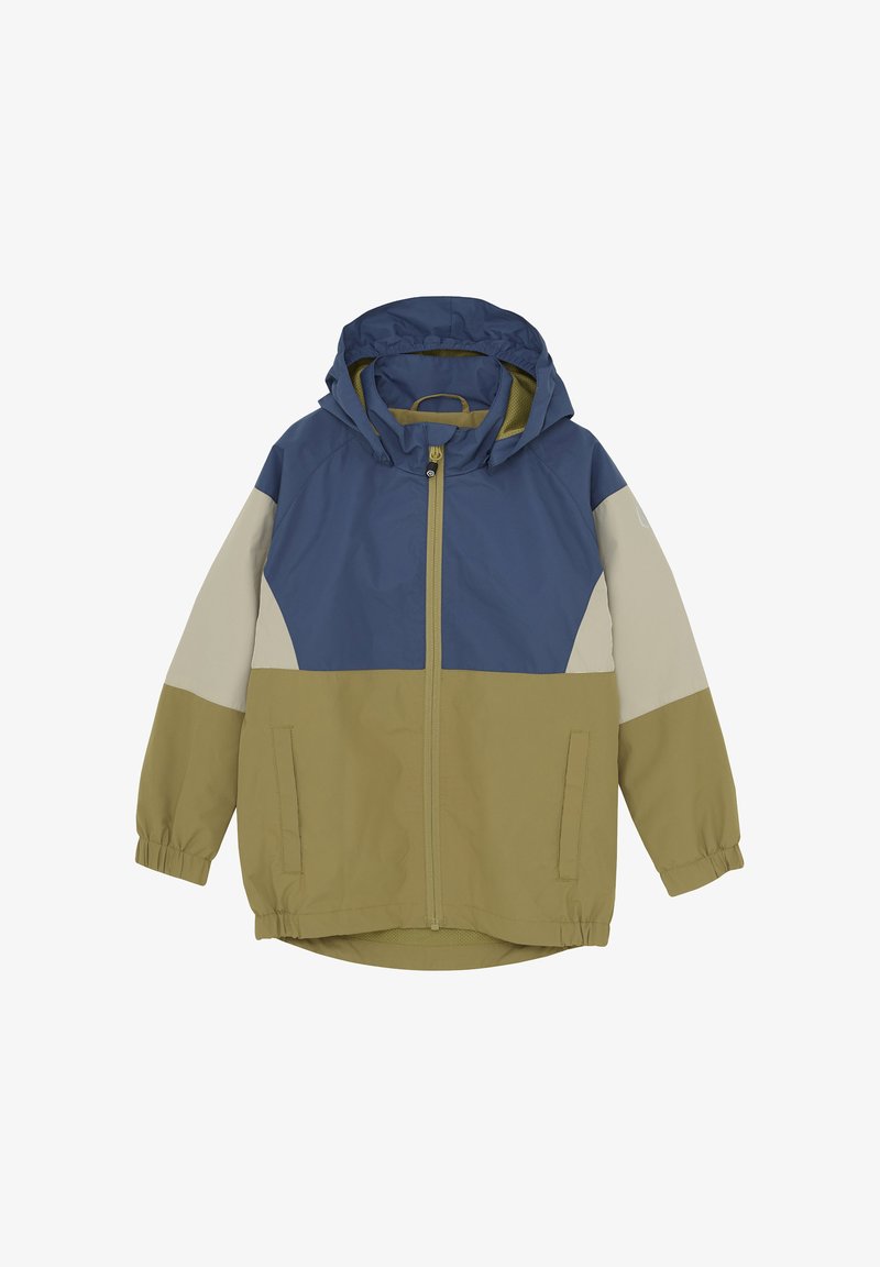 Jakna v barvnih blokih z modrimi, bež in olivno zelenimi paneli, s kapuco, zadrgo in elastikami na rokavih. Mehka, lahka tkanina.