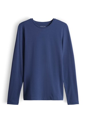 Marineblauw T-shirt met lange mouwen gemaakt van gladde stof, met een ronde halslijn en een normale pasvorm. Eenvoudig, effen kleur zonder patronen of accenten.