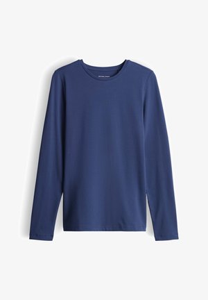 Marineblaues Langarm-T-Shirt aus glattem Stoff, mit rundem Ausschnitt und regulärer Passform. Einfaches, einfarbiges Design ohne Muster oder Akzente.