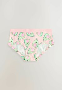 Mutande in cotone rosa con un motivo ripetuto di avocado verde e rosa chiaro, dotate di un morbido elastico in vita con il nome del marchio.