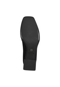 Sole di scarpa in suede nero con un design piatto e testurizzato. Presenta un logo prominente e un tacco sottile per stabilità. Taglia contrassegnata come 37.