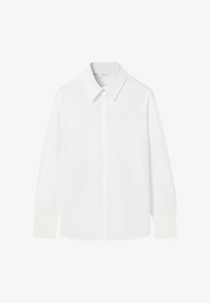 Valkoinen pitkähiha paita, jossa klassinen kaulus, napitettava edusta ja sileä puuvillakangas. Siinä on jämäkät kalvosimet ja siisti muotoilu.