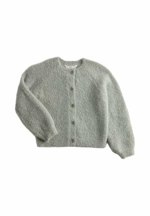 Jasnoszara dziergana kardigan z długimi rękawami, okrągłym dekoltem i sześcioma oliwkowymi guzikami z przodu. Teksturowany z miękkim wykończeniem.