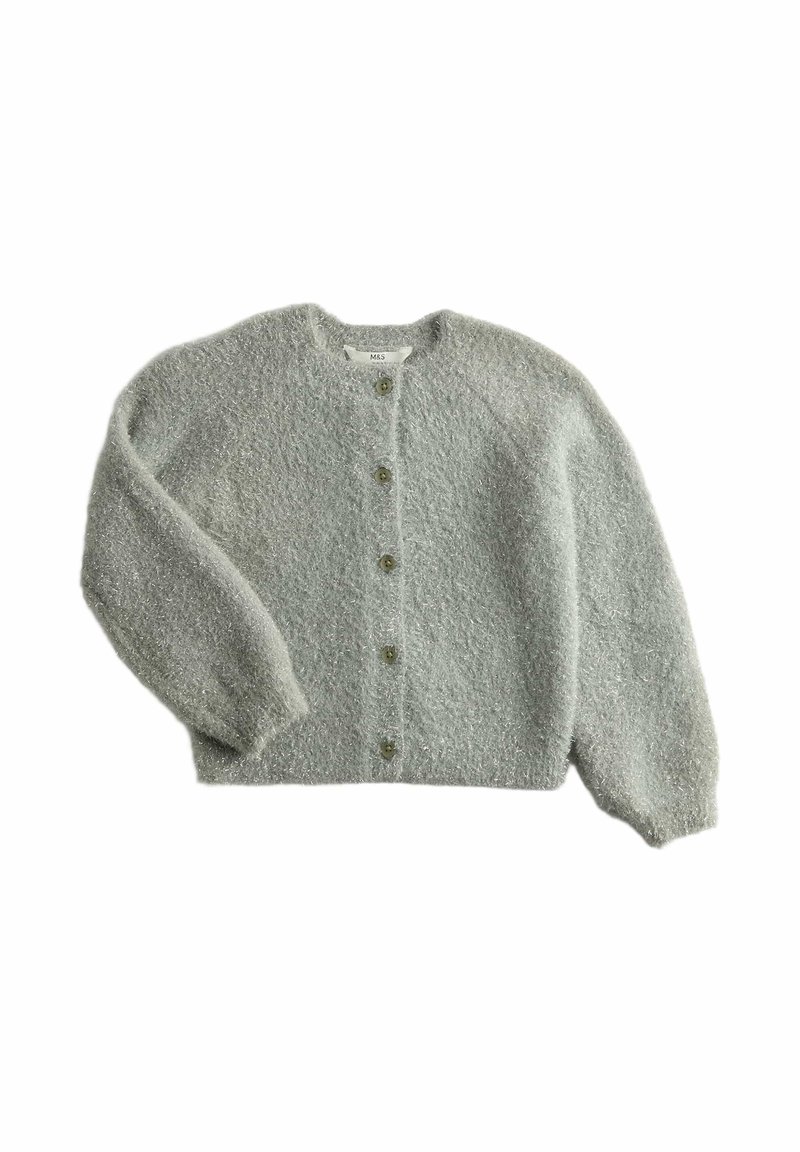 Jasnoszara dziergana kardigan z długimi rękawami, okrągłym dekoltem i sześcioma oliwkowymi guzikami z przodu. Teksturowany z miękkim wykończeniem.