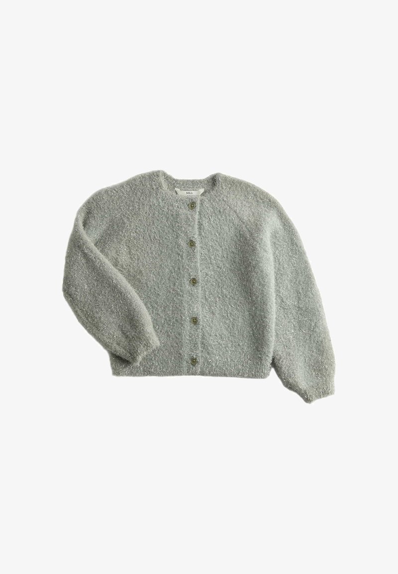 Cardigan lavorato a maglia grigio chiaro con maniche lunghe, scollatura tonda e sei bottoni verdi oliva sul davanti. Texture con una finitura morbida.