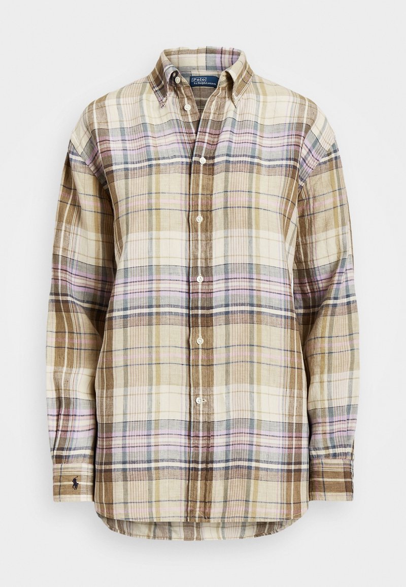 Long-sleeve button-up plaid shirt in beige, brown, pink, and blue tones with a collar and small embroidered logo on the cuff.