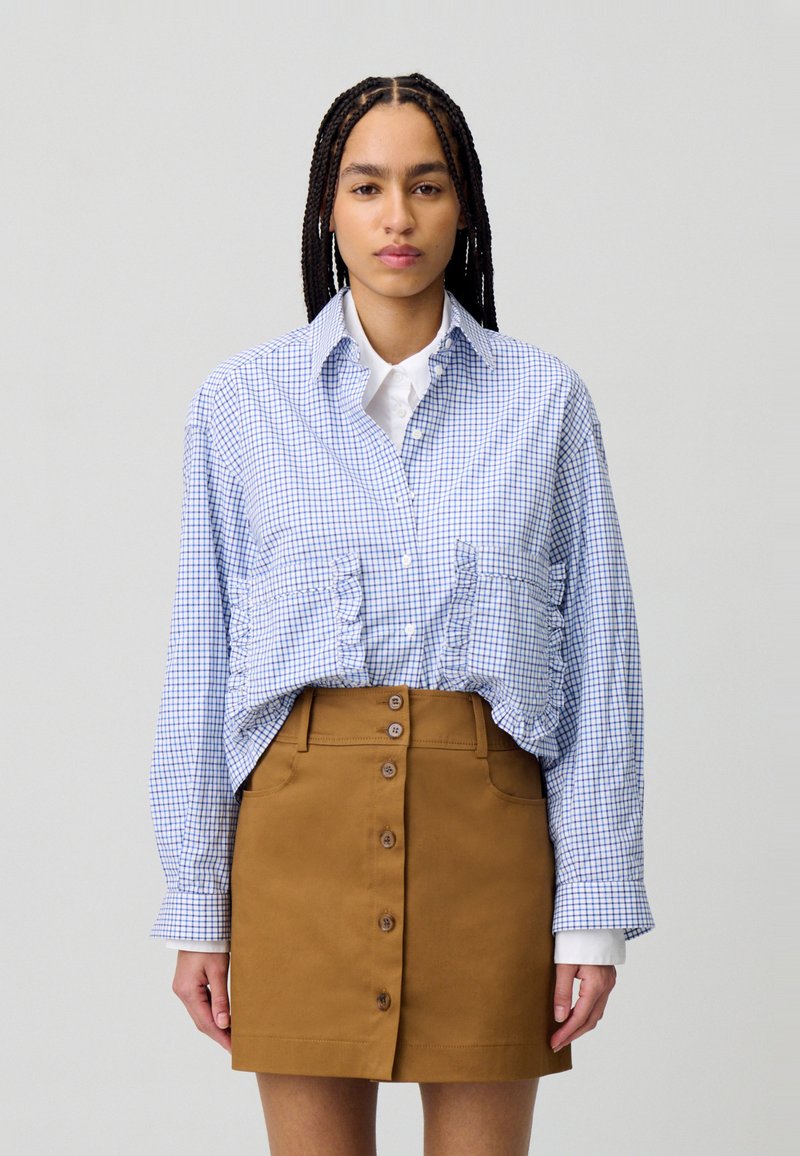 Camicia a quadri blu e bianca con maniche a sbuffo, abbinata a una gonna marrone con bottoni sul davanti e due tasche.