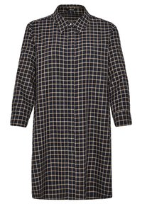 Mörkblå och beige rutig skjortklänning med långa ärmar, knappstängning fram och klassisk krage; tyg av bomullsblandning, avslappnad passform.