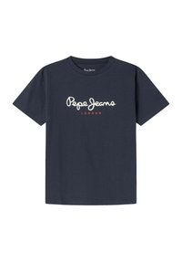 Camiseta de algodón azul marino con cuello redondo y mangas cortas, con el logo blanco de "Pepe Jeans" y "LONDON" en rojo debajo.