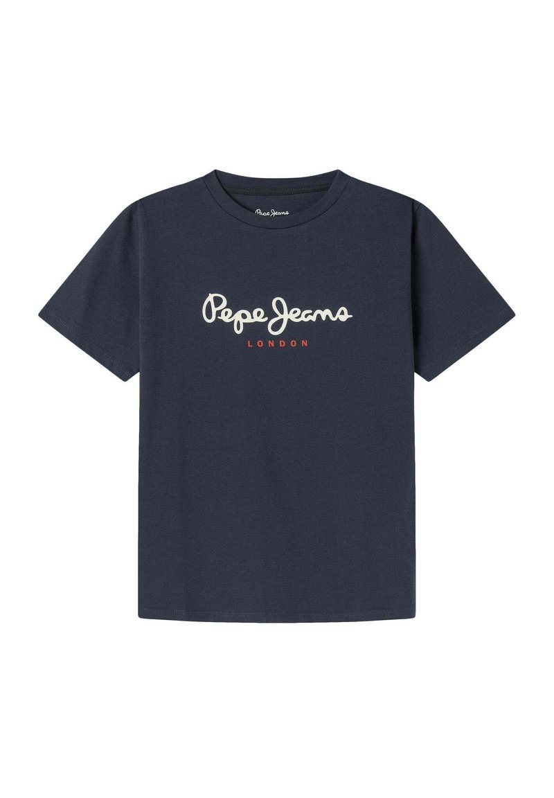 Camiseta de algodón azul marino con cuello redondo y mangas cortas, con el logo blanco de "Pepe Jeans" y "LONDON" en rojo debajo.