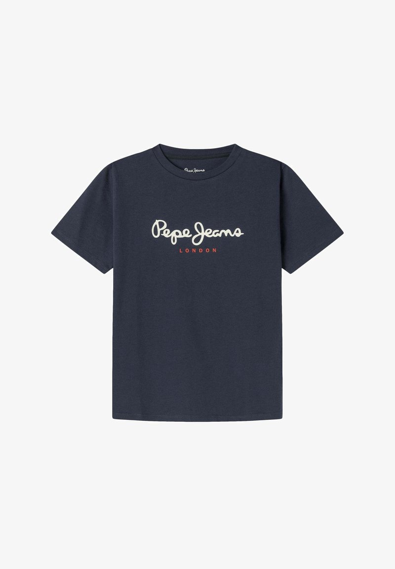Tamsiai mėlynas medvilninis marškinėliai su apvaliu iškirpimu ir trumpomis rankovėmis, su baltu "Pepe Jeans" logotipu ir raudonu užrašu "LONDON" po juo.