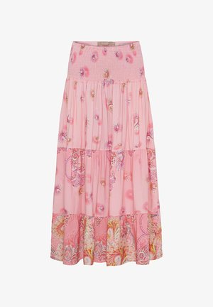 Lang lyserød nederdel med smocket talje, blomstermønstre og paisley, samt lagdelt design med flæsekant.