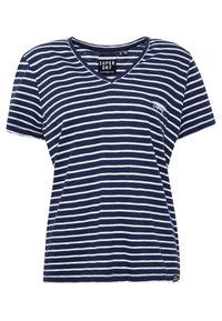 Granatowy t-shirt z dekoltem w serek i białymi poziomymi paskami. Wykonany z miękkiego materiału, posiada krótkie rękawy oraz małe logo na piersi.