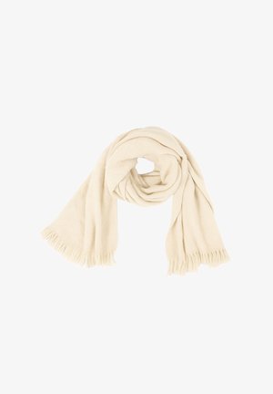Cremefarvet blød stofsjaal med frynser i enderne, løst rullet i midten på en hvid baggrund.