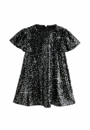 Schwarzes Pailletten-Kleid mit kurzen Puffärmeln, rundem Ausschnitt und einem Reißverschluss hinten. Der Stoff hat eine schimmernde, reflektierende Oberfläche.