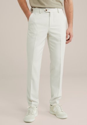 White tailored trousers with a straight cut, featuring two front pockets and button accents, made from a smooth, lightweight material.