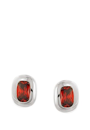 Silver stud earrings each featuring a rectangular red faceted gemstone set in a smooth rounded silver frame.