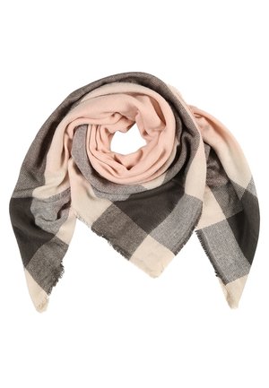 Miękki wełniany szalik złożony w spiralę, z szerokimi beżowymi, różowymi i szarymi kratkowymi paskami oraz frędzlami na krawędziach.