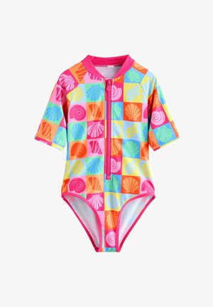 Barevné dětské jednodílné plavky s krátkým rukávem a předním zipem, zdobené vzorem vícebarevných mušlí a spirál na čtvercových blocích.