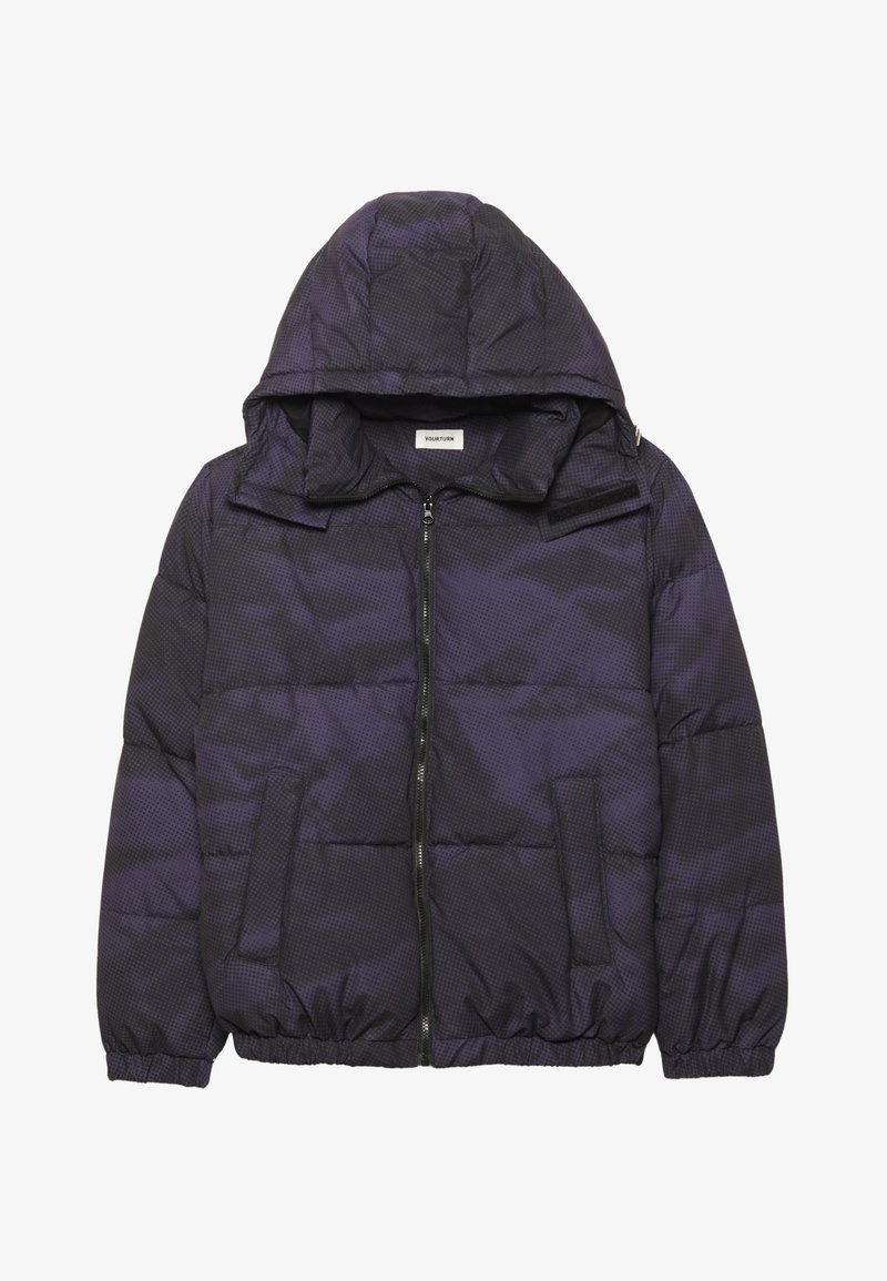 Purple and black padded jacket with a hood. Features a zip closure, elastic cuffs, and two front pockets. Textured fabric with a dot pattern.