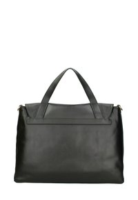 Borsa a tracolla in pelle nera con forma rettangolare, dotata di manici superiori doppi, chiusura a patta e texture liscia. Nessun dettaglio hardware visibile.