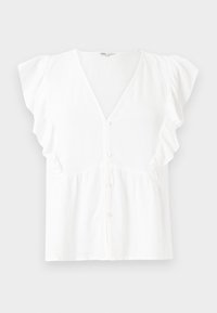 Witte blouse met een V-hals, korte gerimpelde mouwen, knoopsluiting en een geplooid accent onder de buste. Lichtgewicht stof met een gladde textuur.