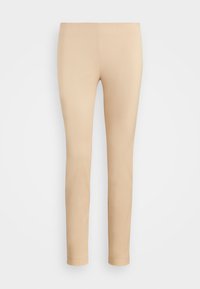 Beige leggings made of stretch fabric, featuring a slim fit design. Smooth texture with no visible seams or patterns. Full-length style.