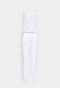 Fehér pizsamaszett világoskék virágmintával, ujjatlan csipkés szegélyű hálóinggel és hozzáillő, teljes hosszúságú nadrággal.