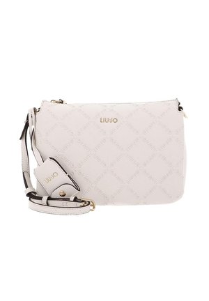 Sac bandoulière blanc Liu Jo avec motif logo en relief, ferrures dorées et sangle ajustable avec petite pochette attachée.