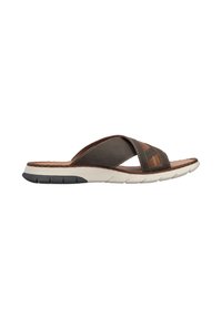 Brown slide sandal with crossed straps in textured material, featuring a cushioned sole with white and black accents.
