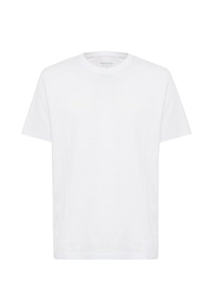 T-shirt bianco in cotone con colletto a girocollo e maniche corte. Presenta una stampa del logo tono su tono sul davanti. Vestibilità regolare.