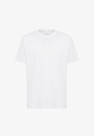 T-shirt bianco in cotone con colletto a girocollo e maniche corte. Presenta una stampa del logo tono su tono sul davanti. Vestibilità regolare.