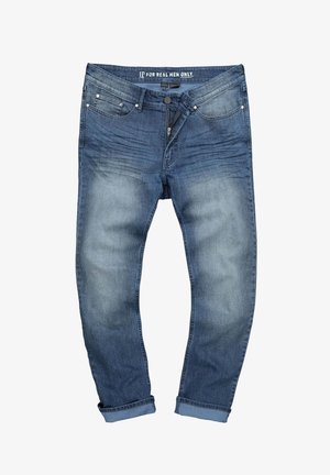 Denim jeans in een medium blauwe wassing met subtiele vervaging. Heeft een knoopgulp, vijf zakken en opgerolde boorden voor een getailleerde look.