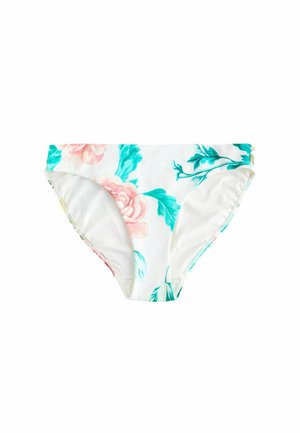 Florale bikini onderbroek in het wit met roze en turquoise bloemen. Beschikt over een soepele stoftextuur en een lage taille met elastische randen.