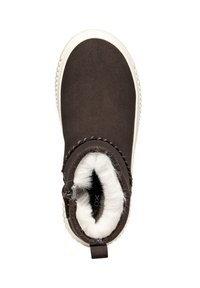 Braune Wildleder-Ankle-Boots mit weißem Kunstfellfutter, runder Zehenpartie und kontrastierender strukturierten Gummisohle. Verfügt über eine geflochtene Detailnähte am Schaft.