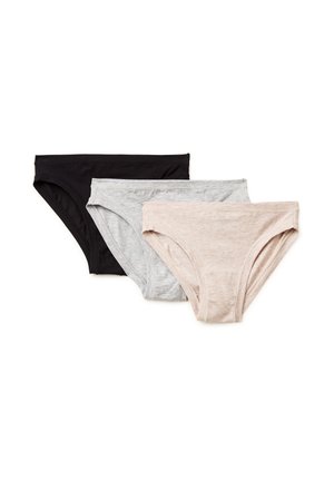 Drei Baumwoll-Slips für Frauen in Schwarz, Hellgrau und Beige, überlappend auf weißem Hintergrund angeordnet.