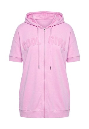 Felpa rosa a maniche corte con cappuccio, zip, coulisse e scritta in rilievo "COOL GIRL" sul petto.