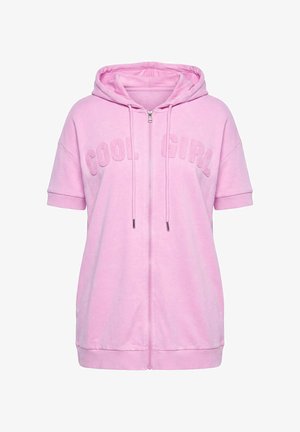 Różowa bluza z krótkim rękawem, kapturem, zamkiem błyskawicznym, troczkami i wypukłym napisem „COOL GIRL” na piersi.