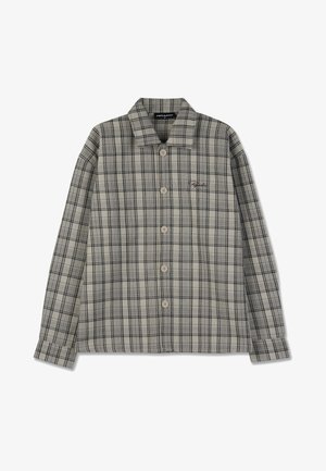 Gray and beige plaid shirt jacket with a button-up front, collar, and long sleeves. Features a subtle embroidered logo on the chest.