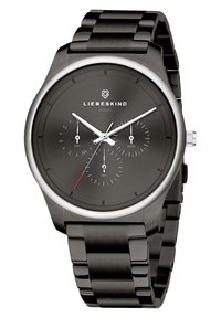 Schwarze Edelstahl-Armbanduhr mit einem minimalistischen runden Zifferblatt, silbernen Akzenten, Datums- und Wochentagsanzeigen, rotem Sekundenzeiger und Gliederarmband.
